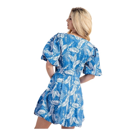Blue Leaf Print Bubble Hem Puff Sleeve Short Dress - Picture 6 of 8